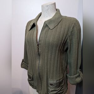 Alia cotton pointelle zipper cardigan green size M petite